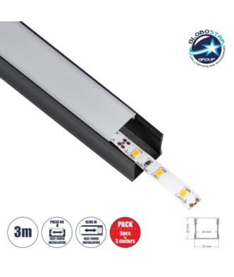 GLOBOSTAR® ALP-LINEAR LIGHTLINE 70869-3M Επιφανειακό Προφίλ Αλουμινίου με Λευκό Γαλακτερό Πατητό Κάλυμμα για Ταινίες LED IP20 - Μαύρο & Λευκό - Μ300 x Π2.3 x Υ2cm - Πακέτο 5 Τεμαχίων